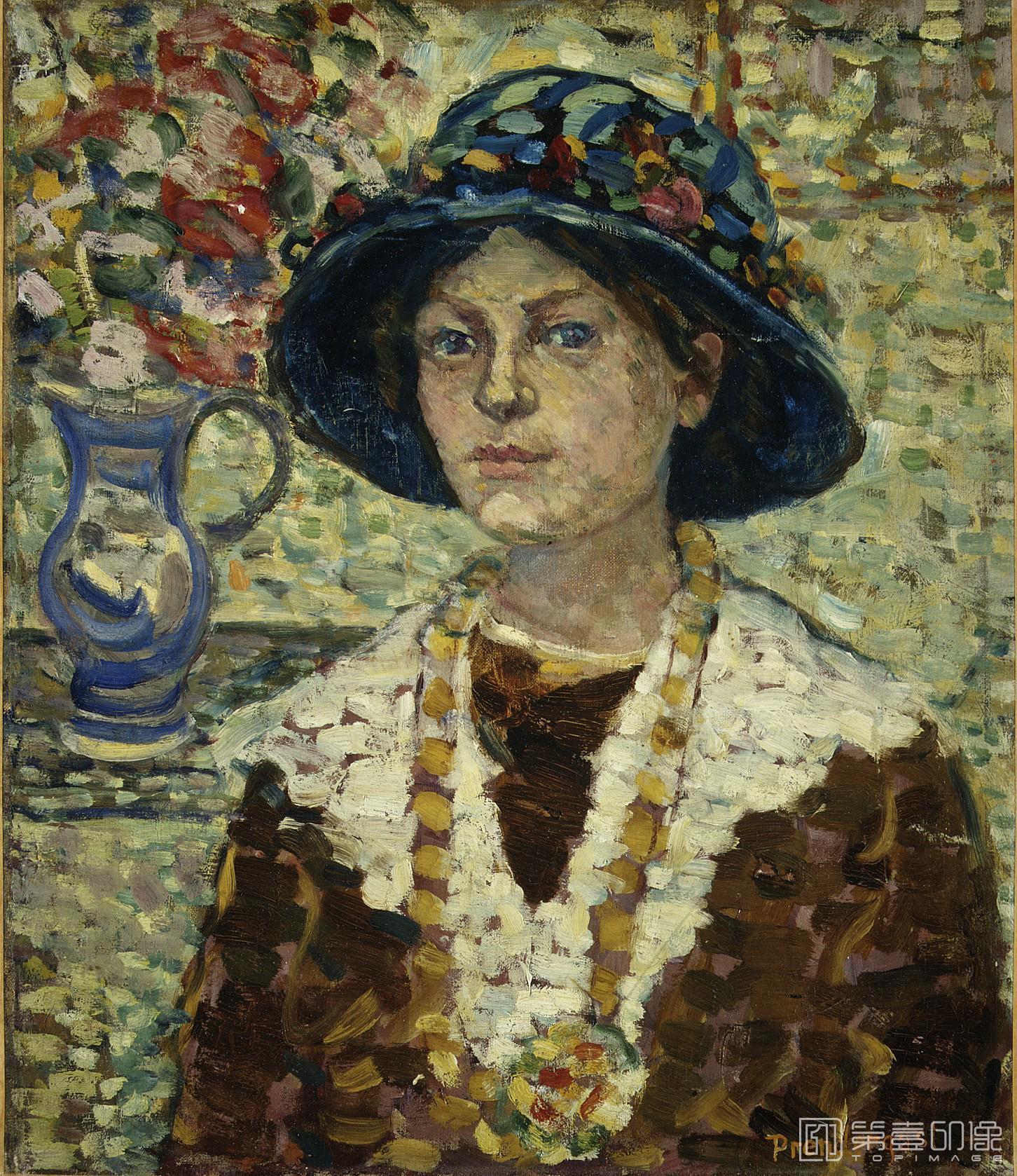 油画-美国纽约大都会美术馆油画藏画-Maurice Brazil PrendergastPortrait of a Girl with Flowers-1593